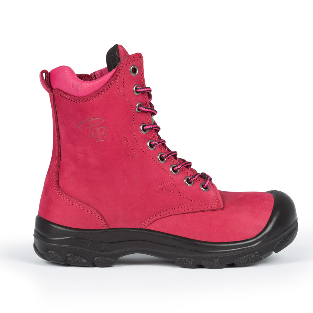 S558 Framboise, bottes de travail 8" en cuir nubuck, cap en acier pour femme