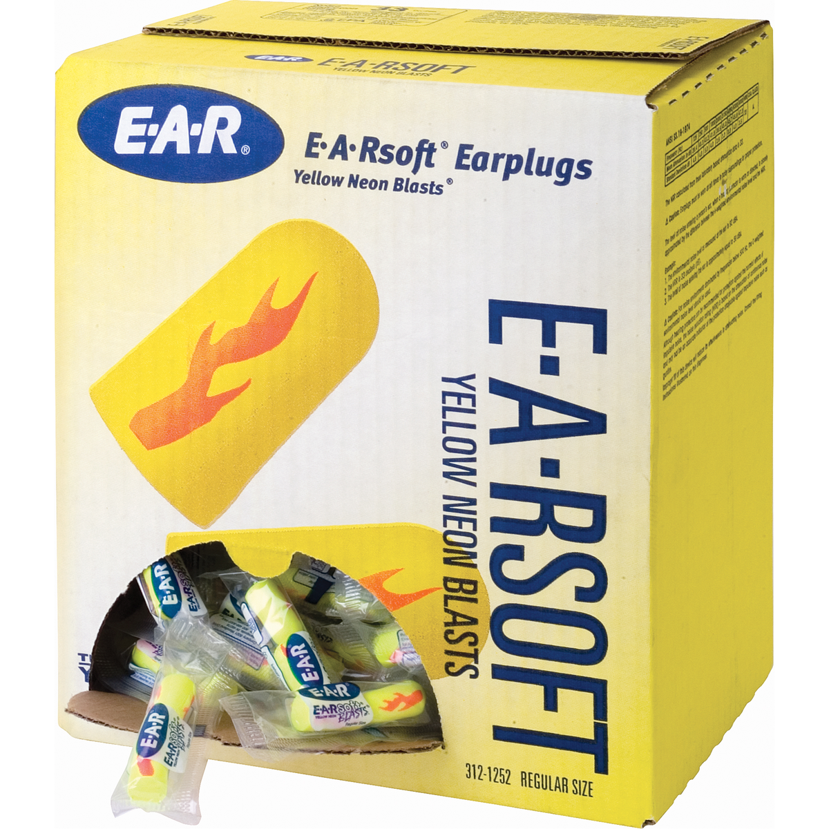 Boite de 200 bouchons d'oreilles éclat néon jaune E-A-Rsoft, vrac - sac en poly