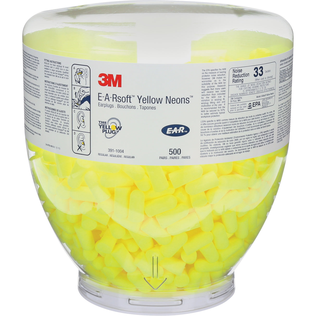 Boite de 500 bouchons d'oreilles E-A-RSoft Yellow Neon, vrac - Contenant