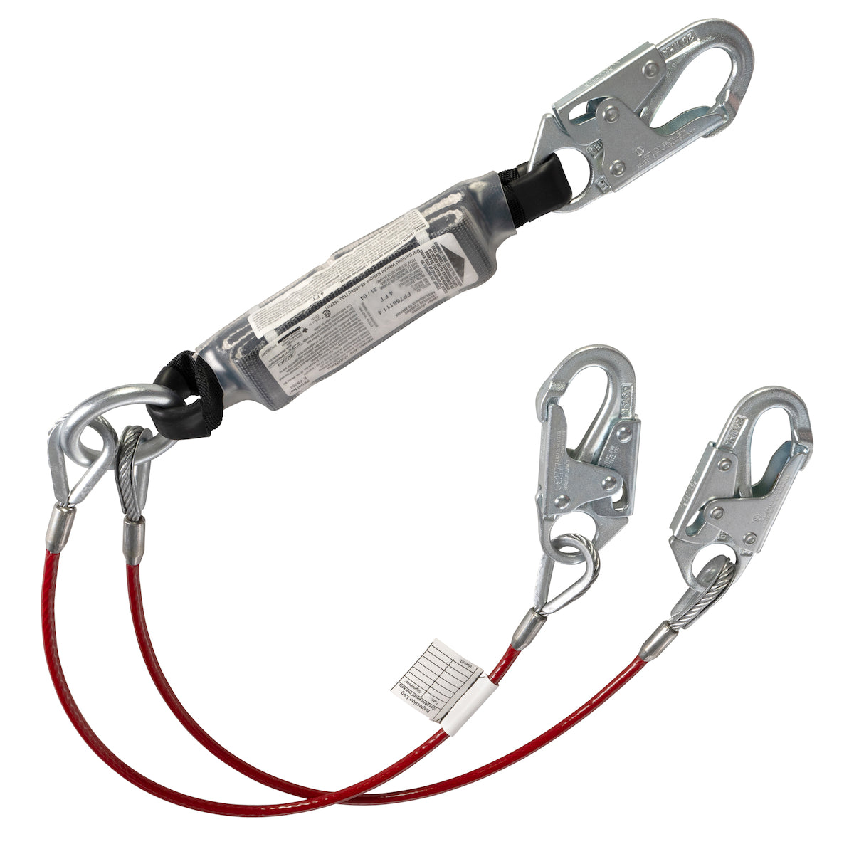 Câble d'acier à double jambe fixe Y-Lanyard avec absorption d'énergie et trois connecteurs snap hook - 1.25"