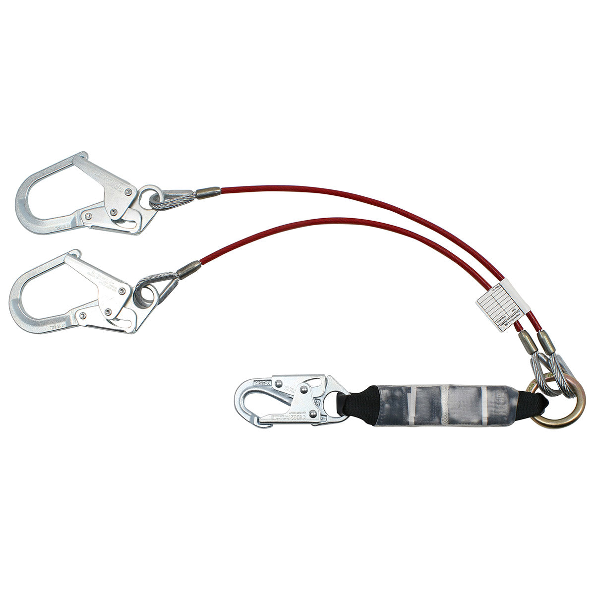 Dyna-ONE Câble en acier À double jambe fixe Y-Lanyard avec absorption d'énergie, crochet d'accrochage et deux connecteurs de crochet de barres d'armature - 1/4 "