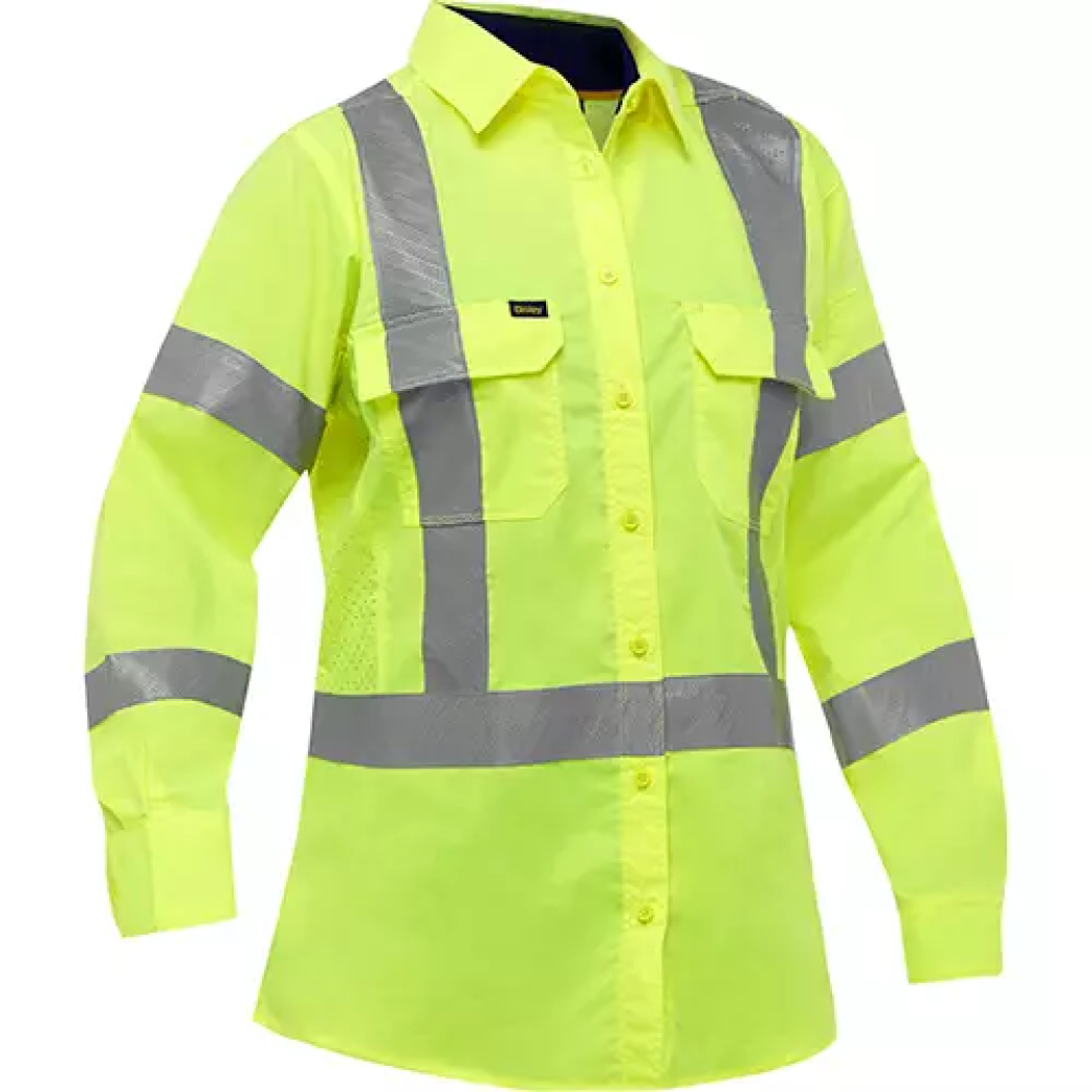 Chemise de travail à manches longues et X au dos Bisley avec X-Airflow pour femmes, poly-coton, jaune lime haute visibilité