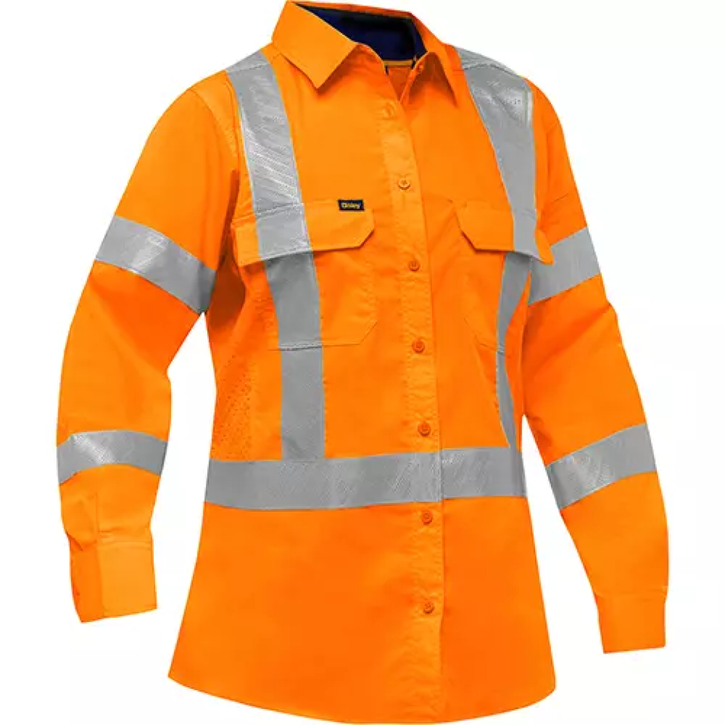 Chemise de travail à manches longues et X au dos Bisley avec X-Airflow pour femmes, poly-coton, orange haute visibilité