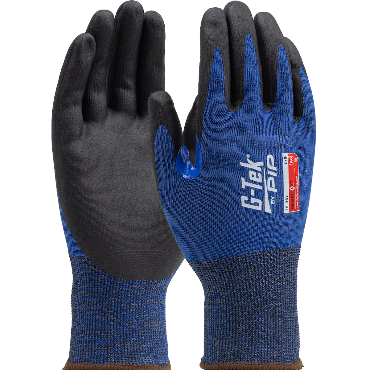 Gants en polyéthylène tricoté sans couture bleu Blended PolyKor® avec prise en mousse nitrile noire sur la paume et les doigts et renfort bleu à l'angle du pouce - 21 jauge - compatible avec l'écran tactile
