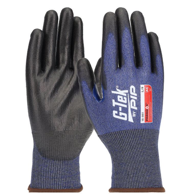 Gant en polyamide bleu tricoté sans couture PolyKor® avec grip PosiGrip Max noir revêtu sur la paume et les doigts et renfort bleu au niveau de l'ergot du pouce - 21 jauge - compatible avec écran tactile