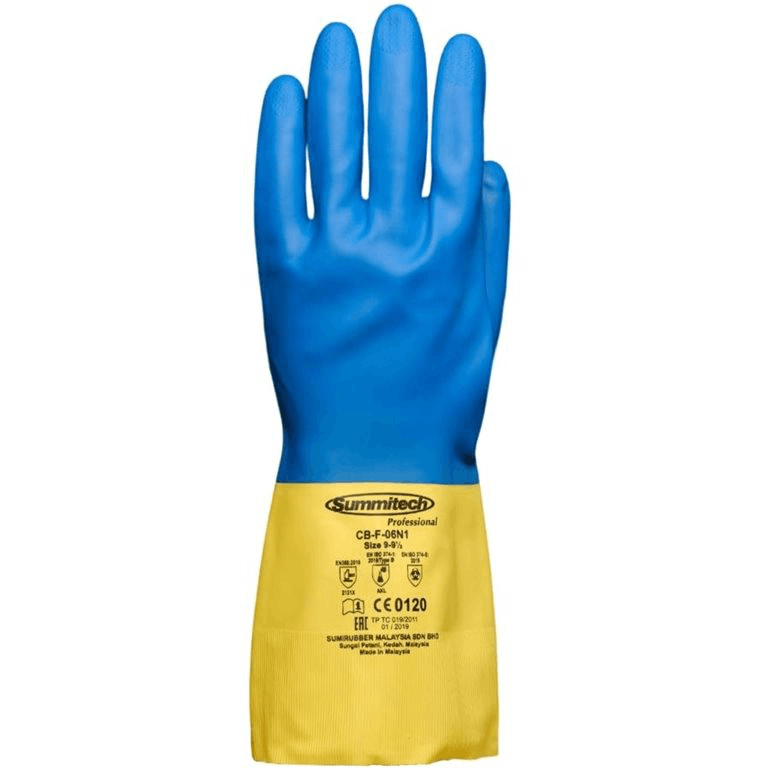 Caoutchouc naturel renforcé de Chloroprene, épaisseur de ± .6 mm, longueur 33 cm, bleu/jaune