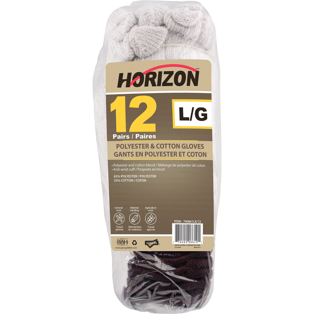 Paquet de 12 Gants en polyester et coton, blanc, grand