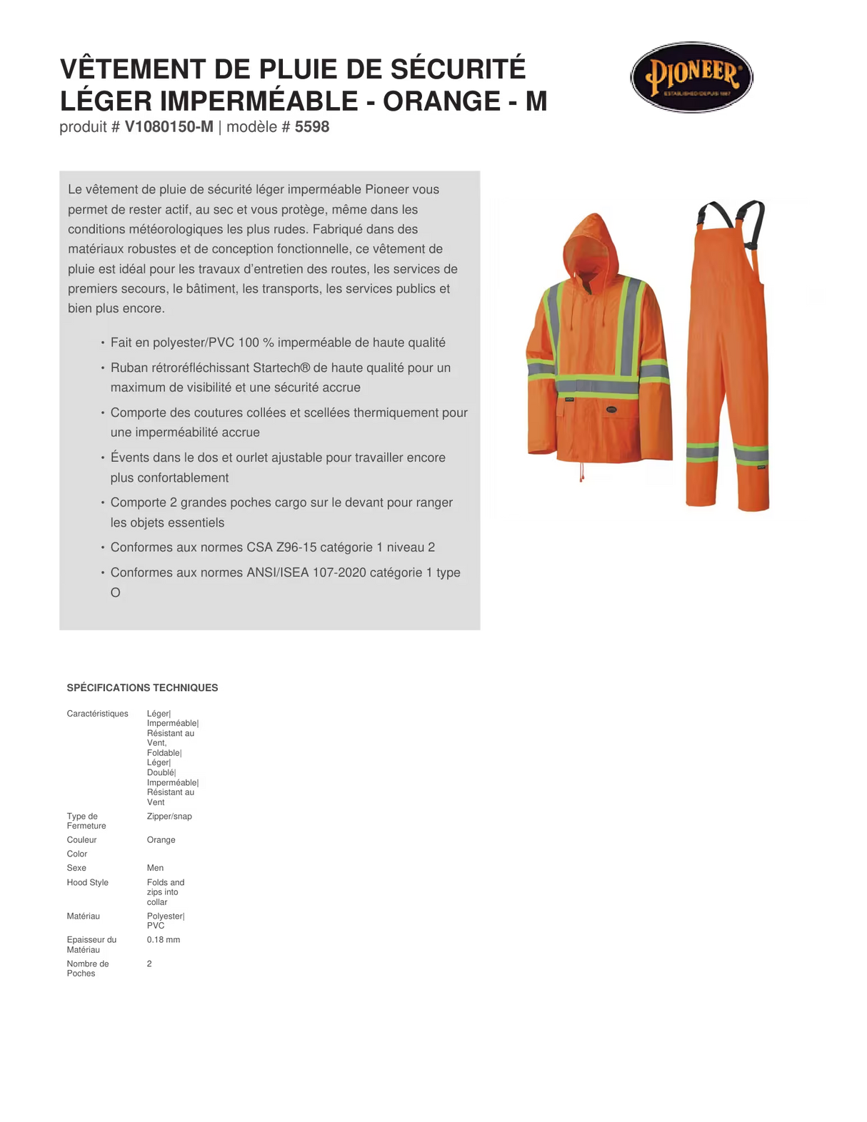 Combinaison de pluie imperméable et légère, Polyester/PVC, Orange haute visibilité