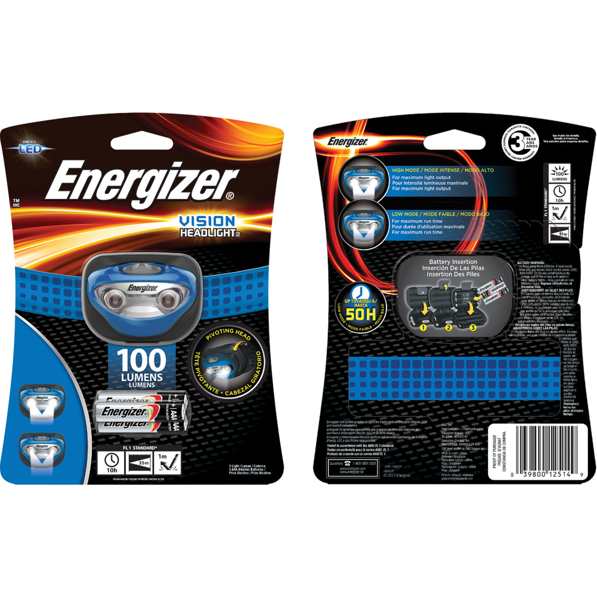 Lampe frontale Vision, DEL, 100 lumens, 10 hres de fonctionnement, piles AAA