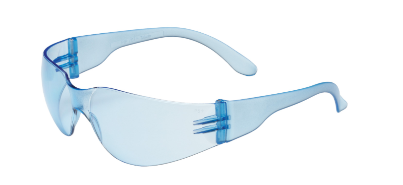 Lunettes de sécurité sans monture avec branches bleu pâle, lentille bleu pâle, et enduit anti-rayures