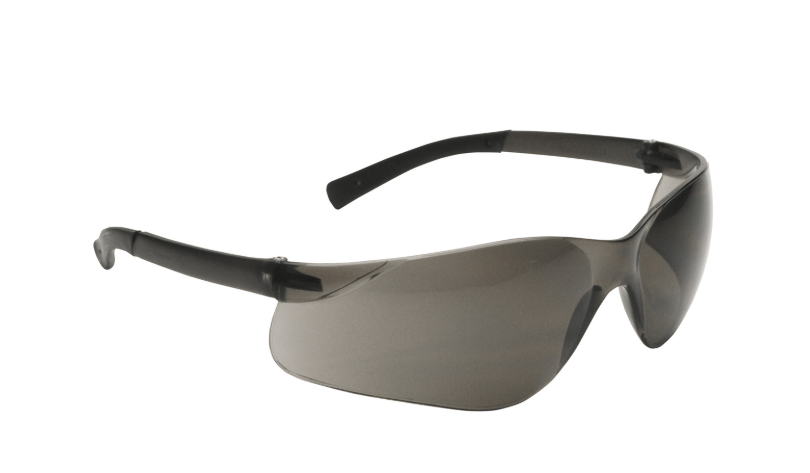 Lunettes de sécurité sans monture avec branches grise foncé, lentille grise foncé, et enduit anti-rayures
