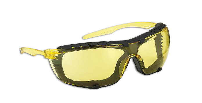 Lunettes de sécurité Mini SpectaGoggle sans jante avec cadre ambré, lentille ambre, rembourrage en mousse et revêtement 4A