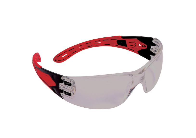 Lunettes de sécurité sans bord avec temples rouges, lentille extérieure intérieure et revêtement 4A