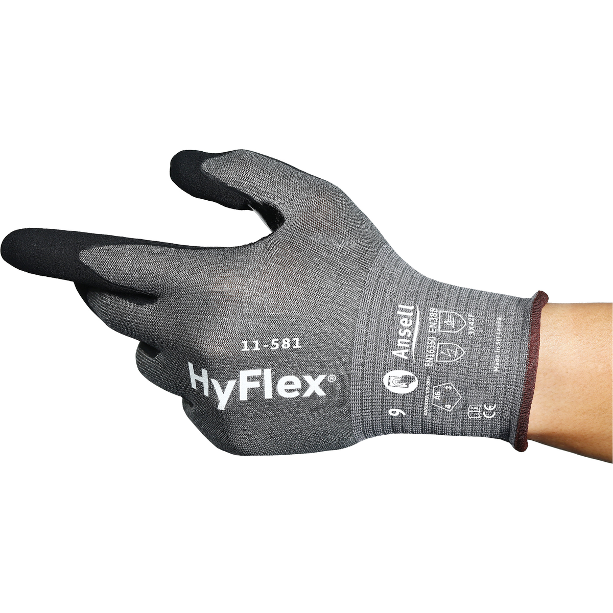 Paquet de 10 gants industriels ultralégers 11-581 HyFlex, calibre 21, revêtement nitrile, ASTM ANSI niveau A6