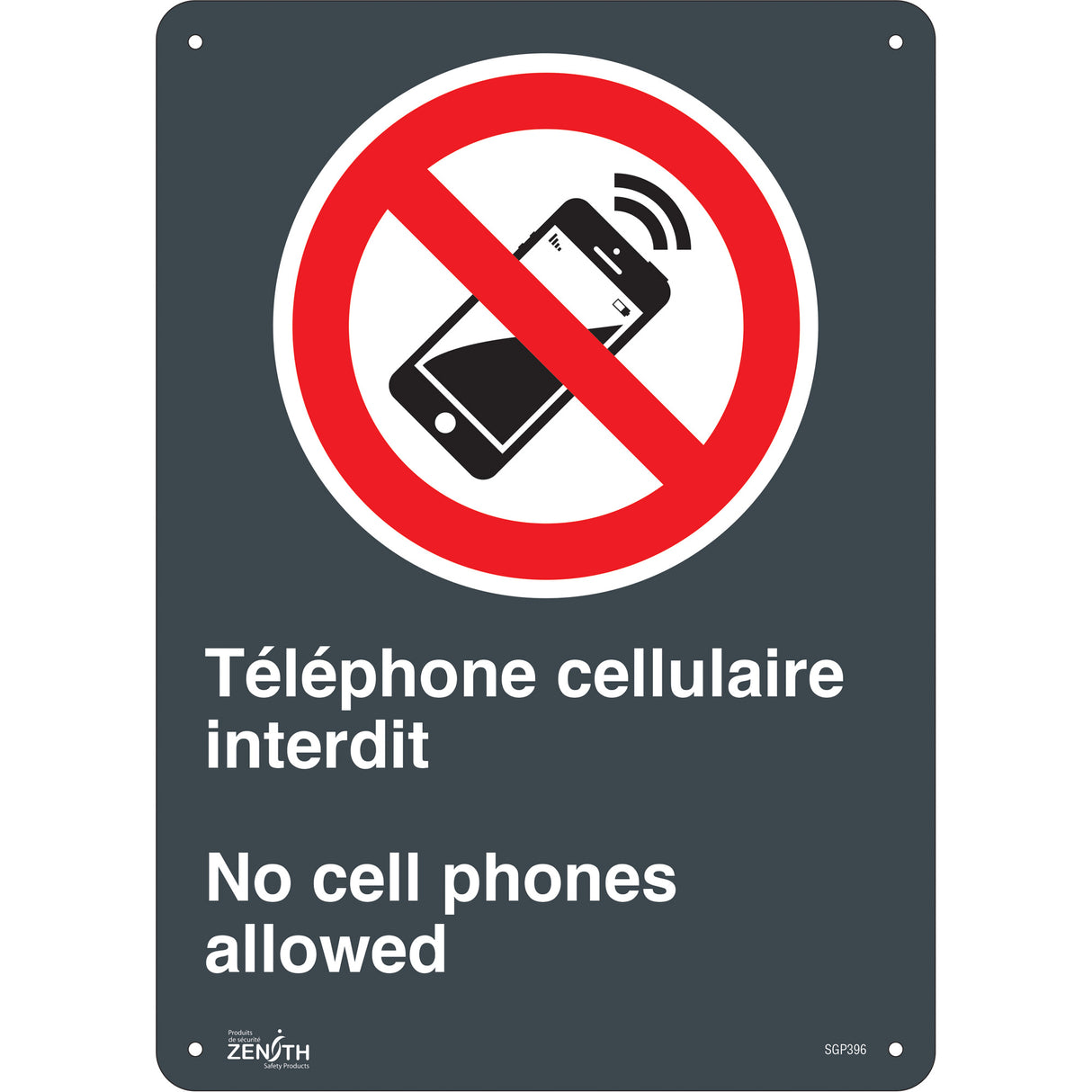 Enseigne «Téléphone cellulaire interdit /No Cell Phones», 14" x 10", plastique, bilingue avec pictogramme