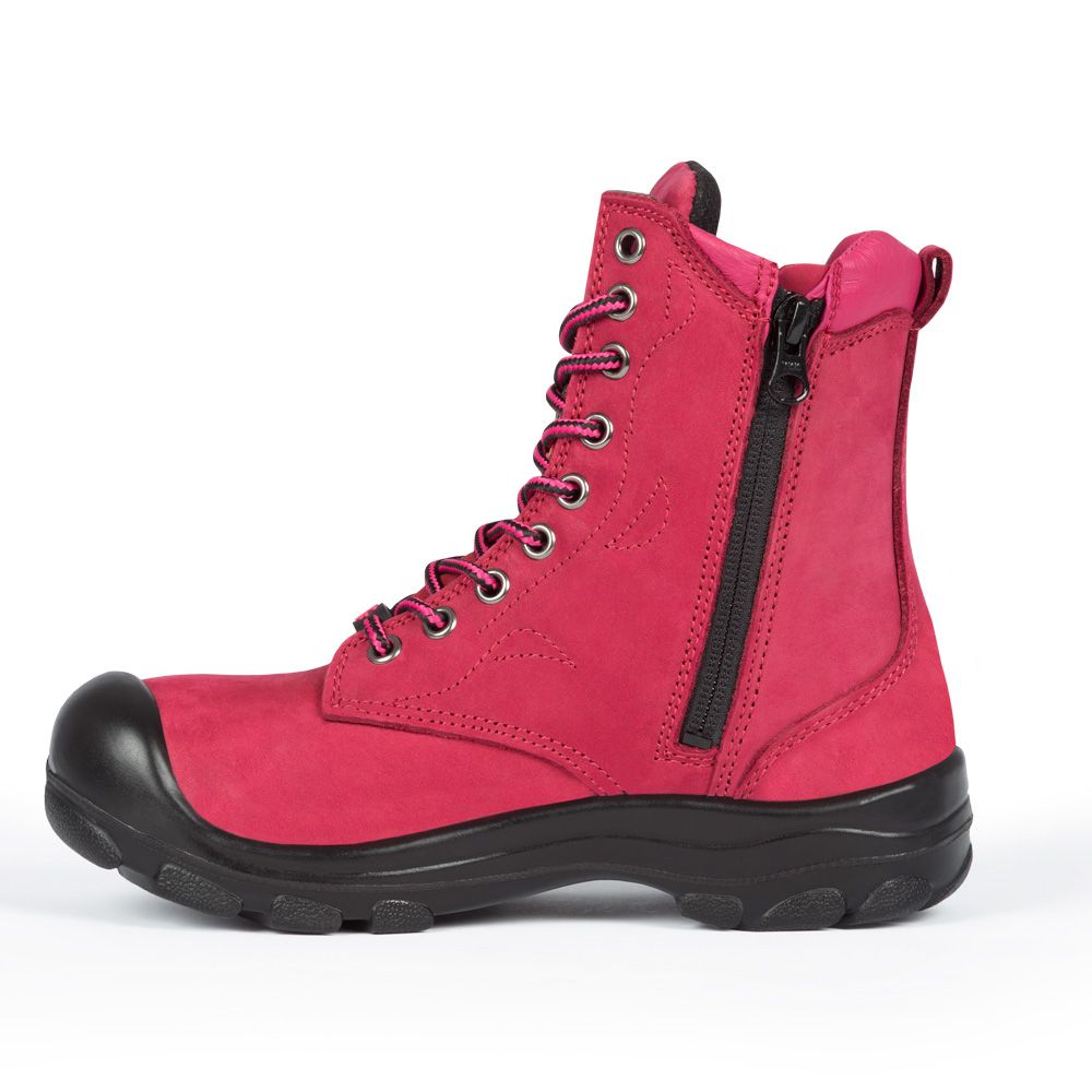 S558 Framboise, bottes  de travail 8" en cuir nubuck, cap en acier pour femme