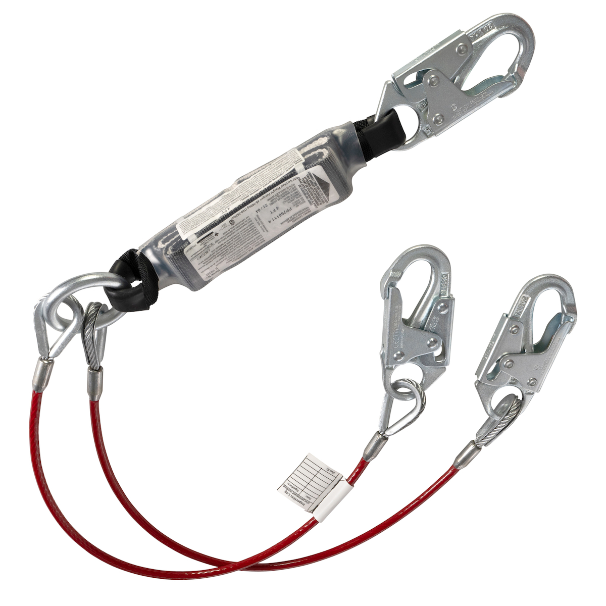 Câble d'acier à double jambe fixe Y-Lanyard avec absorption d'énergie et trois connecteurs snap hook - 1,25"