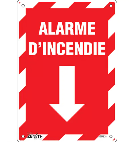 Enseigne avec flèche «Alarme D'Incendie», 10" x 7", plastique, français avec pictogramme
