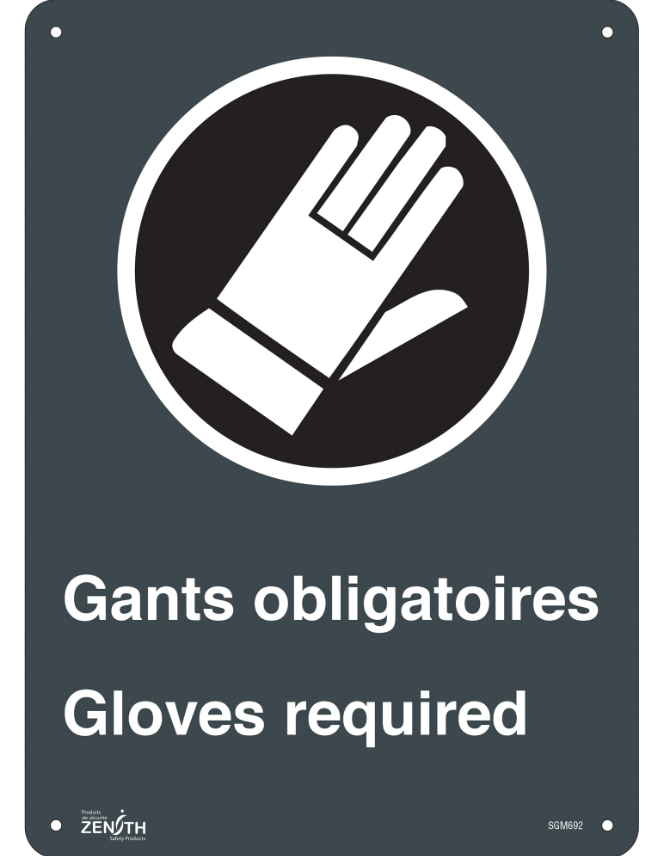 Enseigne «Gant Obligatoires - Gloves Required», 14" x 10", plastique, bilingue avec pictogramme