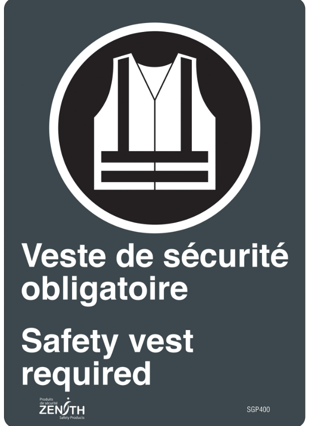 Enseigne «Port du dossard obligatoire/Safety Vest Required», 10" x 7", vinyle, bilingue avec pictogramme