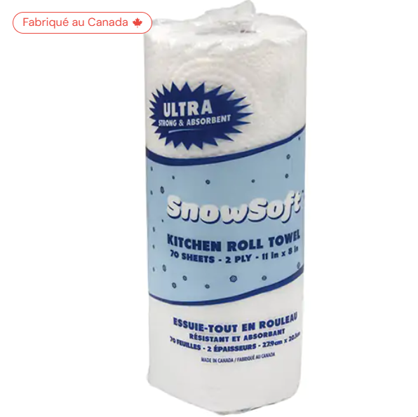 Caisse de 24 essuie-tout pour cuisines de première qualité Snow Soft, 2 pli, 70 feuilles/rouleau, 8" la, 11" lo