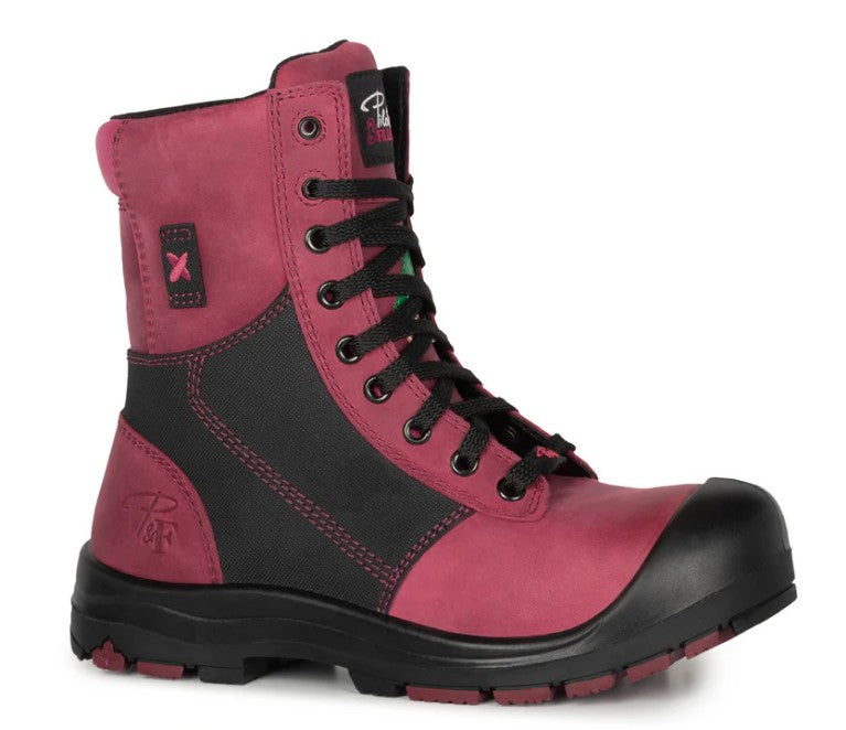 Pf368 Bottes de travail 8" en cuir, cap en acier pour femme, framboise, grandeur 5.5