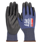 Gant en polyamide bleu tricoté sans couture PolyKor® avec grip PosiGrip Max noir revêtu sur la paume et les doigts et renfort bleu au niveau de l'ergot du pouce - 21 jauge - compatible avec écran tactile