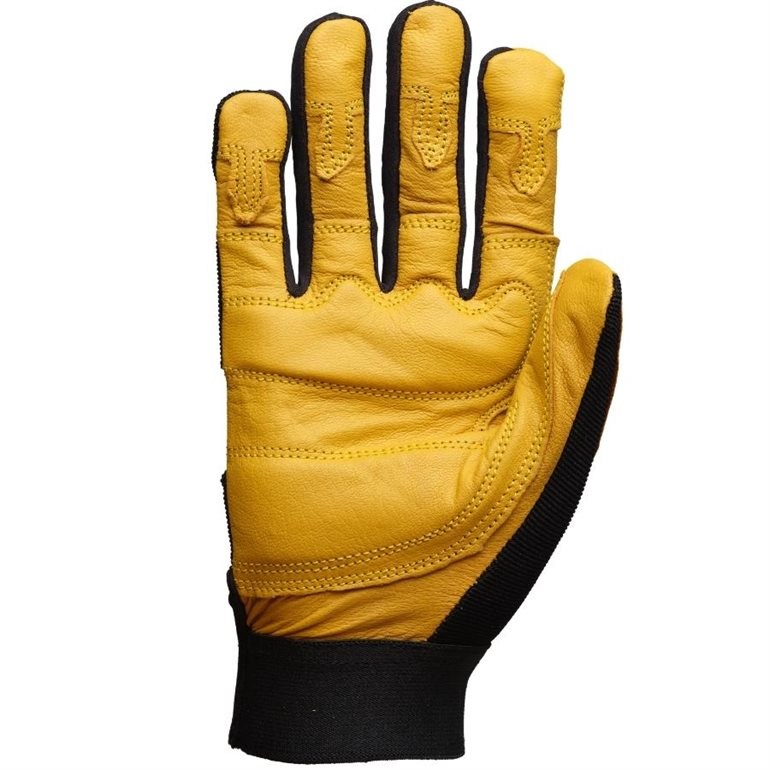 Gants en cuir chèvre, dos en spandex et polyester, néoprène jointures, paume gel mousse, velcro