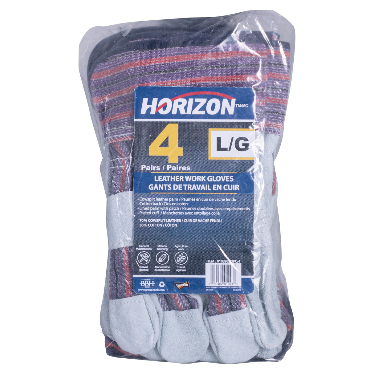 Paquet de 4 paires de gants en cuir de vache fendu, Bleu/Rouge, Grand