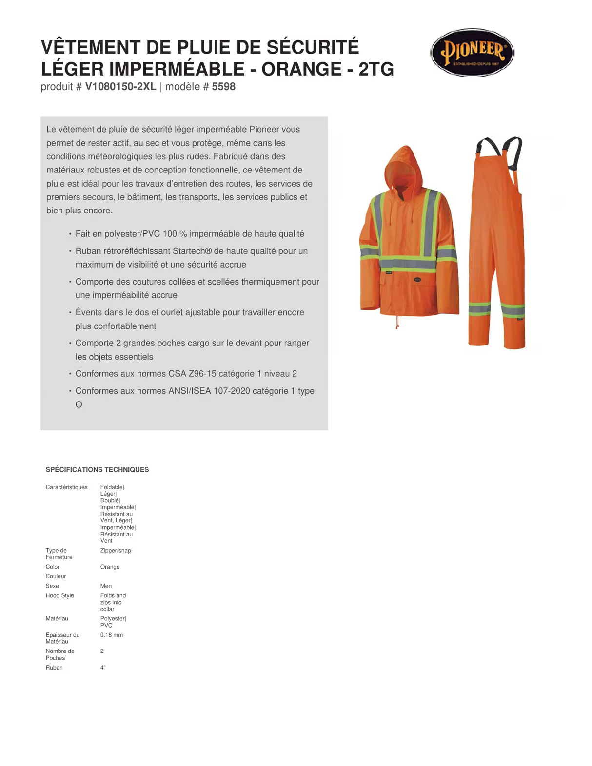 Combinaison de pluie imperméable et légère, Polyester/PVC, Orange haute visibilité
