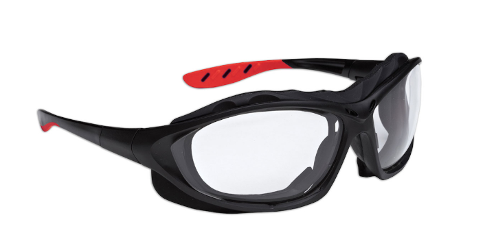 Lunettes de sécurité full frame avec cadre noir, objectif clair, rembourrage en mousse FR et revêtement 4A