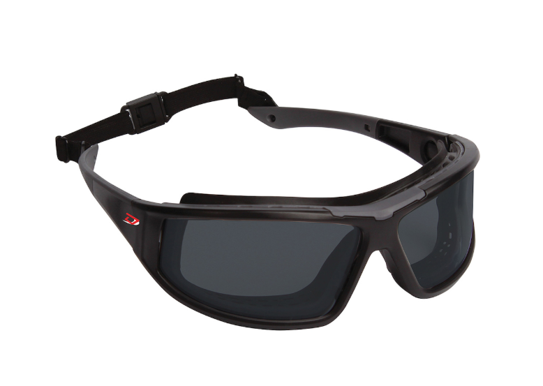 Lunettes de sécurité sans bord avec cadre de fumée, lentille de fumée, rembourrage en mousse et revêtement 4A