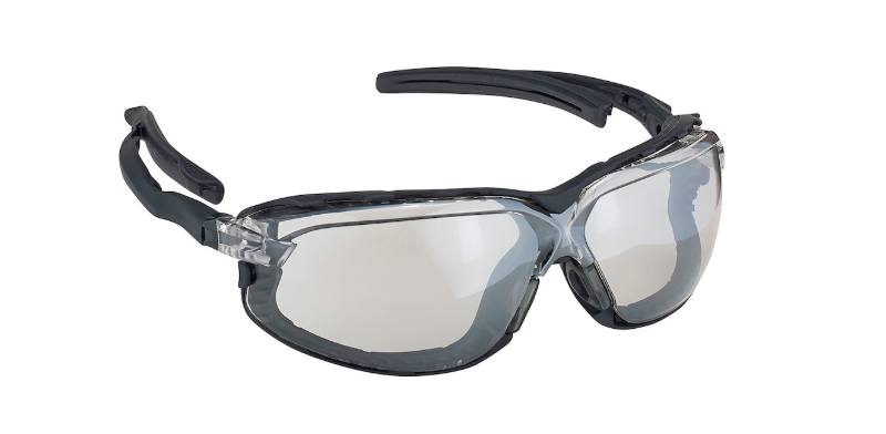 Lunettes de sécurité sans bord avec temple noir, lentille extérieure intérieure, rembourrage en mousse et revêtement 4A
