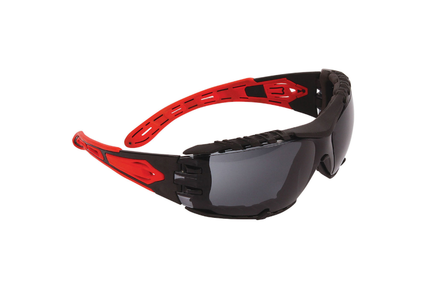 Lunettes de sécurité sans bord avec temples rouges, lentille claire et revêtement 4A
