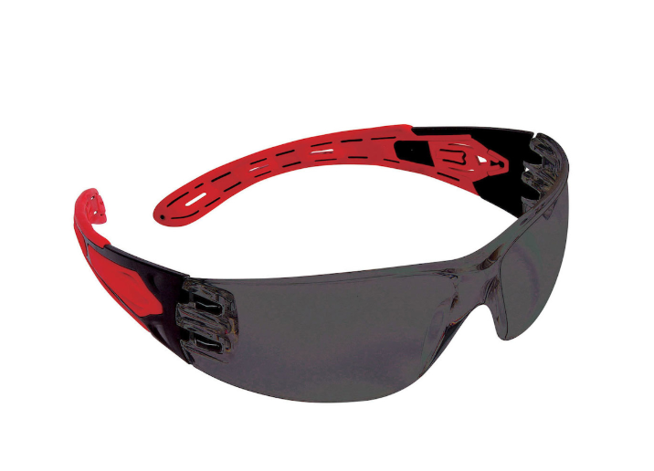 Lunettes de sécurité sans bord avec temples rouges, lentille de fumée et revêtement 4A