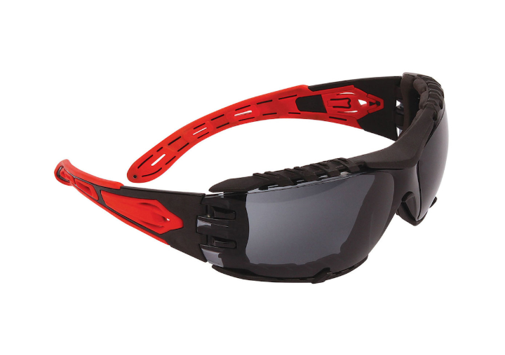 Lunettes de sécurité sans bord avec temples rouges, lentille de fumée, rembourrage en mousse et revêtement 4A