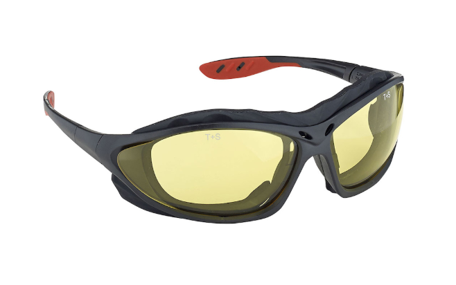 Lunettes de sécurité plein cadre avec monture noire, lentille ambre, rembourrage en mousse FR et revêtement 4A