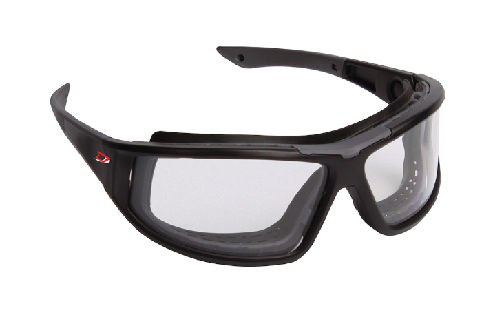 Lunettes de sécurité full frame avec cadre noir, objectif clair, rembourrage en mousse et revêtement 4A