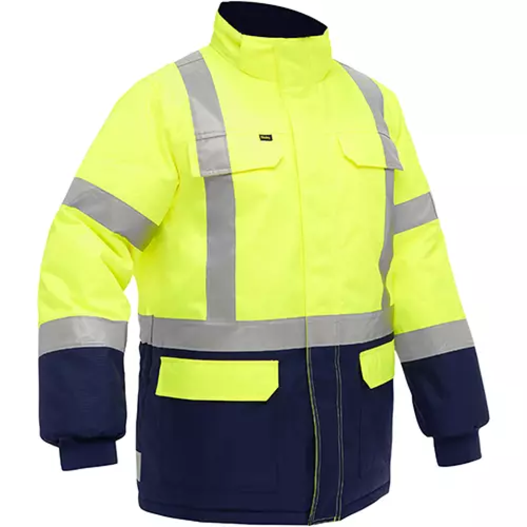Manteau pour le froid extrême avec bas bleu marin et X au dos Bisley, polyester, jaune lime haute visibilité