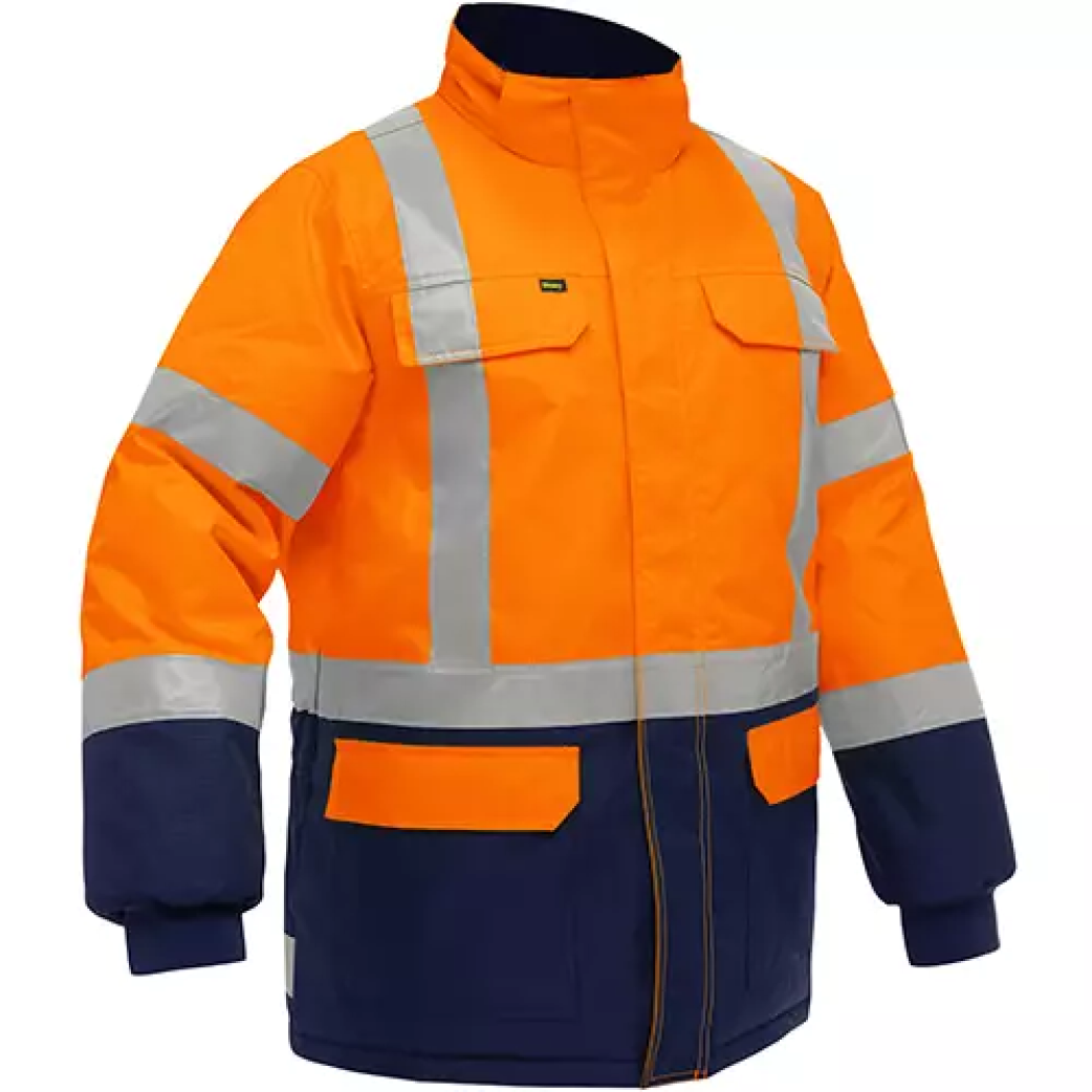 Manteau pour le froid extrême avec bas bleu marin et X au dos Bisley, polyester, orange haute visibilité