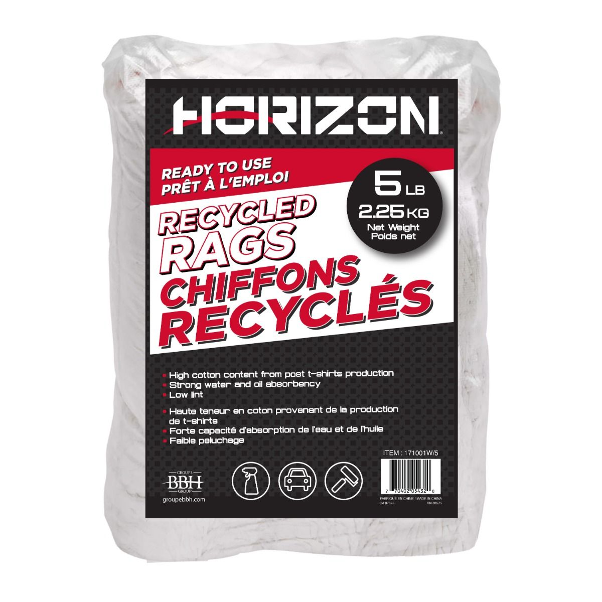 Paquet de 5 lbs de chiffons recyclés, blanc